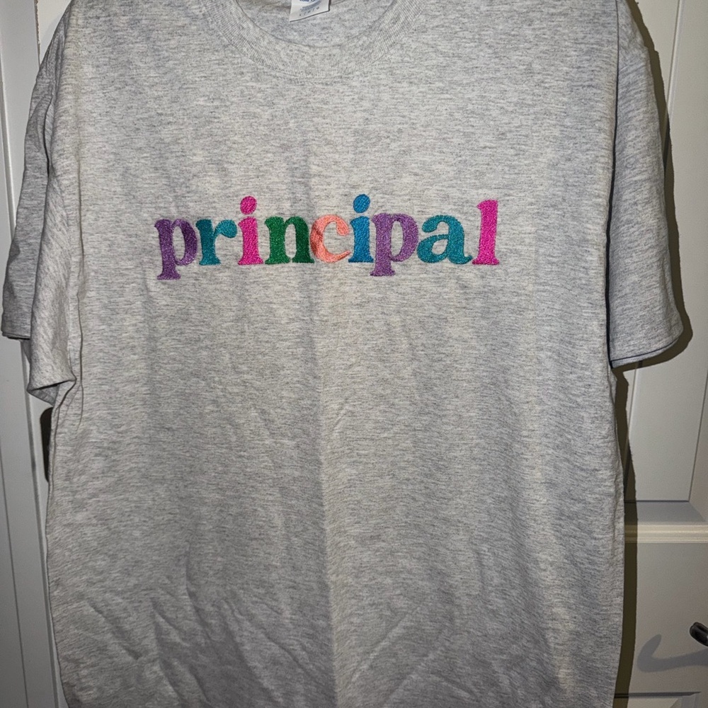 Gray T-Shirt with Colorful 'Principal' Embroidery